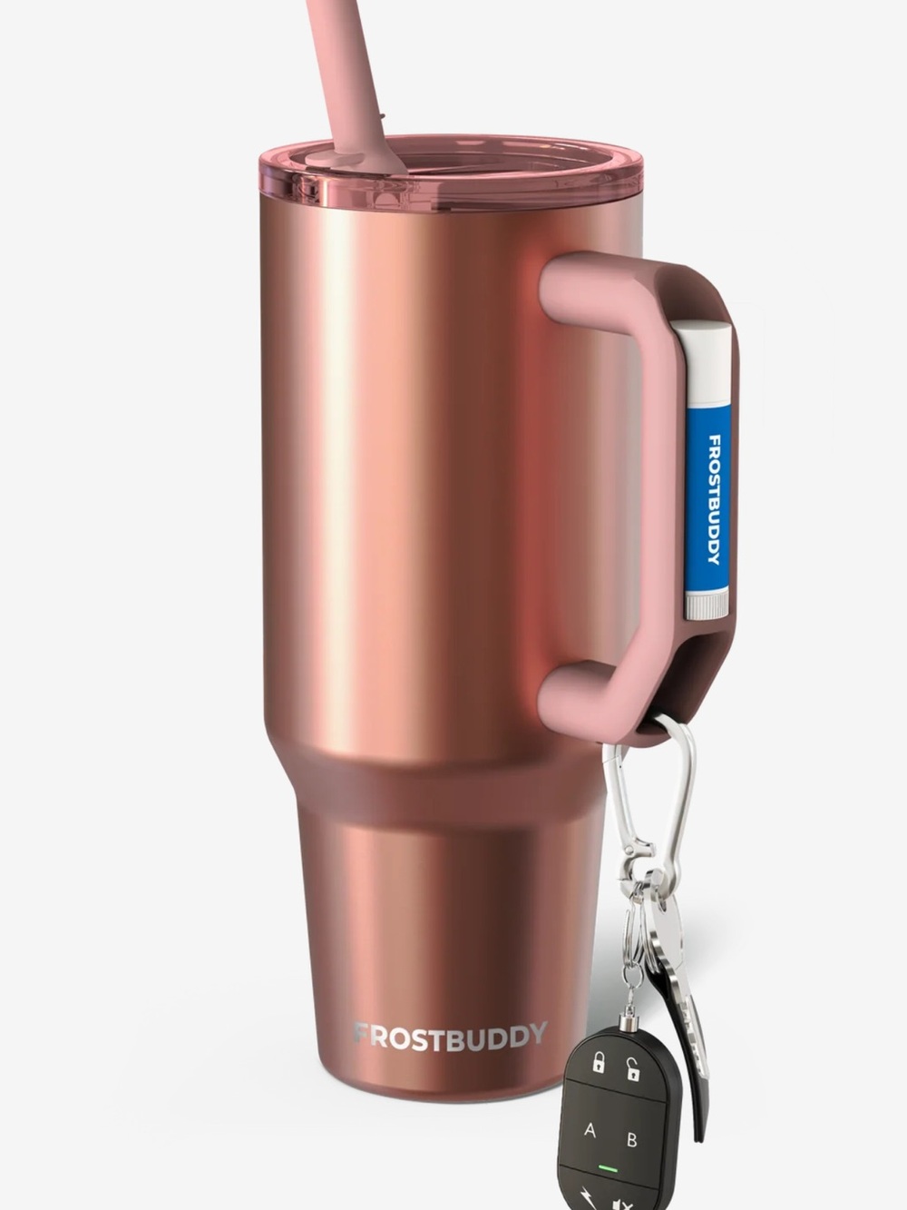 FrostBuddy Rose Gold Tumbler with Handle and Straw